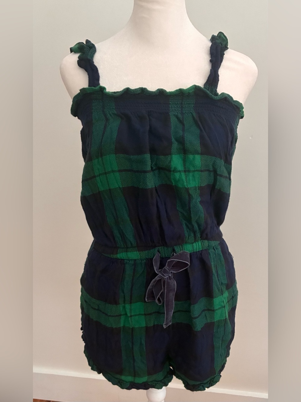 Aerie holiday pajama Green and Navy Plaid Romper cotton